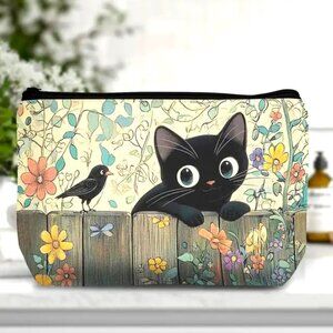 Cosmetic Bag Makeup Black Cat Bird Flowers Clutch Pouch Travel Storage Gift NEW